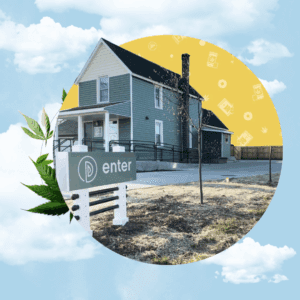 Pharmhouse Wellness dispensary exterior in Grand Rapids showing locally owned cannabis shop with creative branding and cannabis leaf graphic