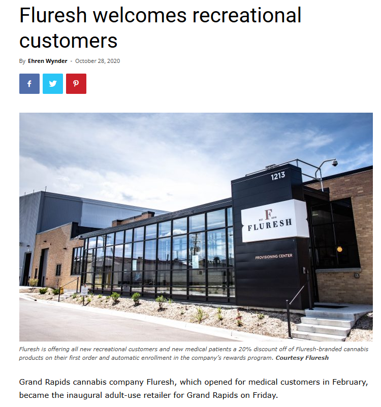 Fluresh dispensary storefront at 1213 Phillips Ave SW in Grand Rapids, Michigan, the city's first recreational cannabis dispensary