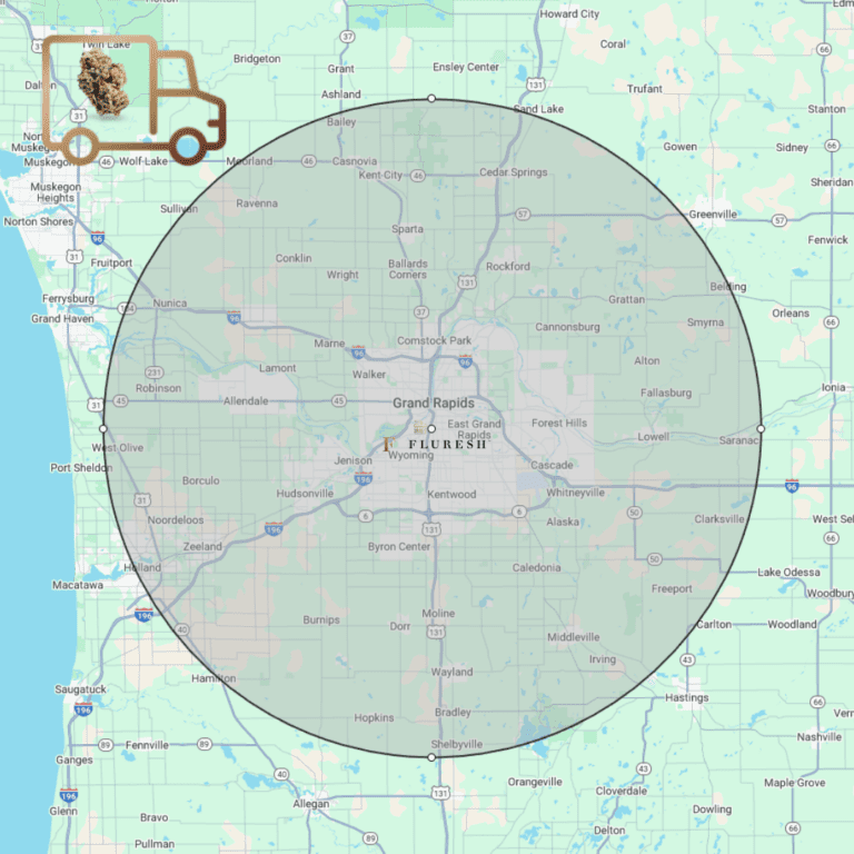 Map showing Fluresh cannabis delivery coverage area spanning 25 miles from Grand Rapids, Michigan, including surrounding cities like Wyoming, Kentwood, and Rockford