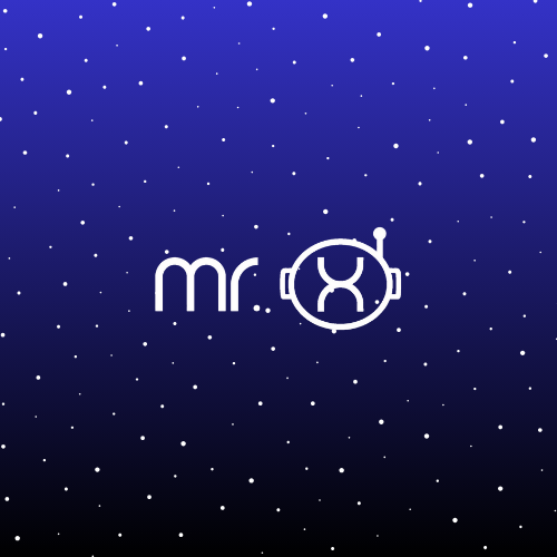 Mr. X logo featuring astronaut character against starry cosmic background