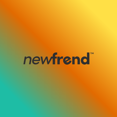 Newfrend logo on vibrant orange, yellow, and teal gradient background