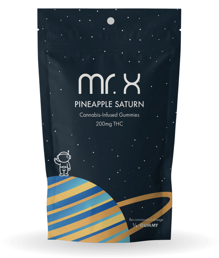 Mr. X Pineapple Saturn cannabis-infused gummies 200mg THC package with cosmic Saturn design