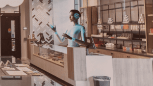 a robot budtender helping customers