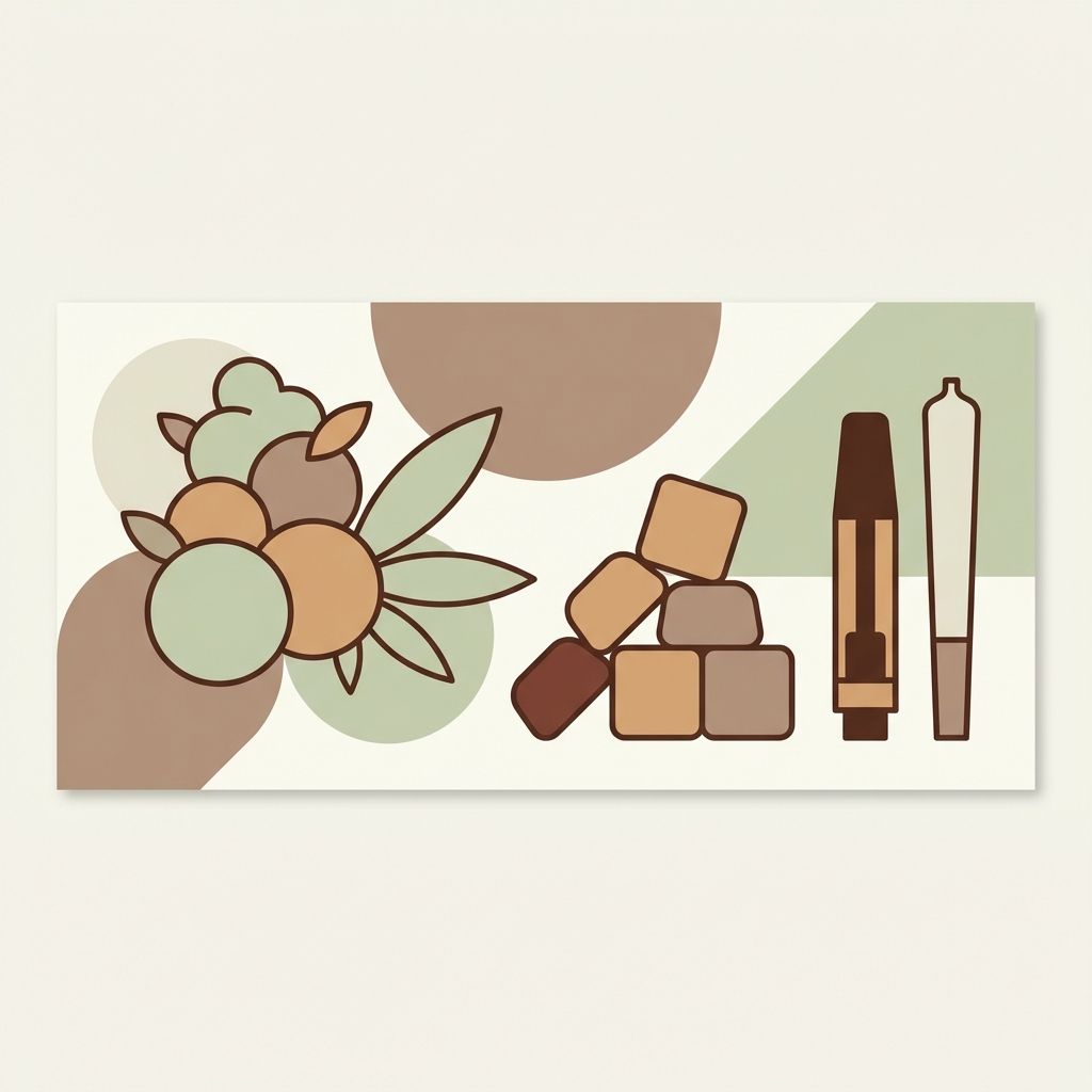 Flat design illustration of cannabis products arranged in a visually appealing layout. Include stylized cannabis flower buds, gummies, a vape cartridge, and a pre-roll joint. Color palette: dark brown (#784436), warm tan (#d4aa8e), soft sage green (#e4e1cf), muted taupe (#b4947c), and off-white (#fdfde). Clean minimalist style with bold geometric shapes. Modern dispensary aesthetic with a fun, approachable vibe. Off-white or cream background. No text. No people. No neon colors. No gradients. Horizontal banner format 16:9 aspect ratio.