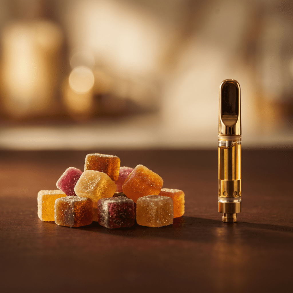 Cannabis edible gummies and vape cartridges side by side at Fluresh cannabis store in Grand Rapids Michigan