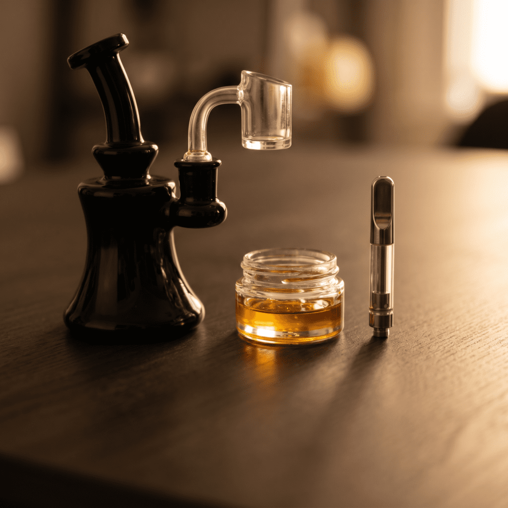Dab rig and vape cartridge with liquid diamond cannabis concentrate at Fluresh dispensary in Grand Rapids Michigan