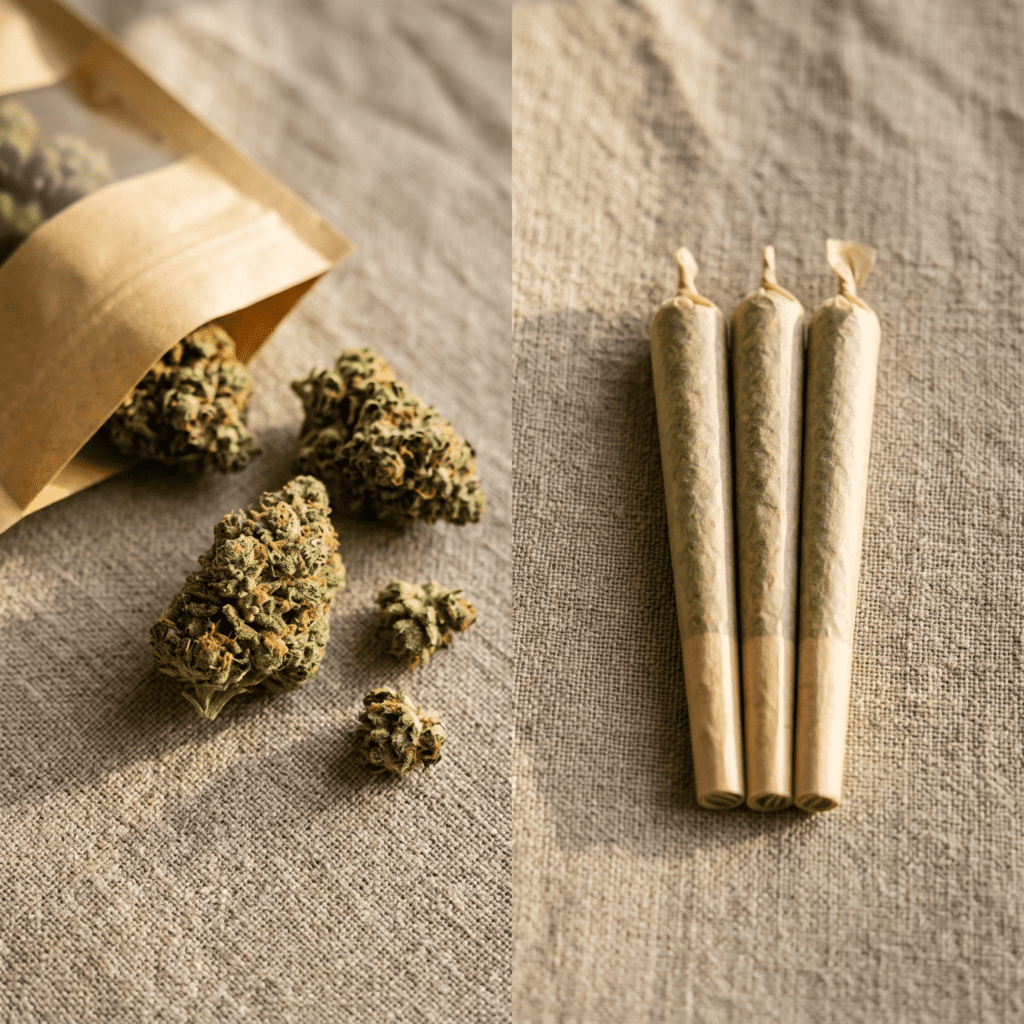 Cannabis pre-rolls compared to loose flower in a mylar bag at Fluresh Grand Rapids Michigan